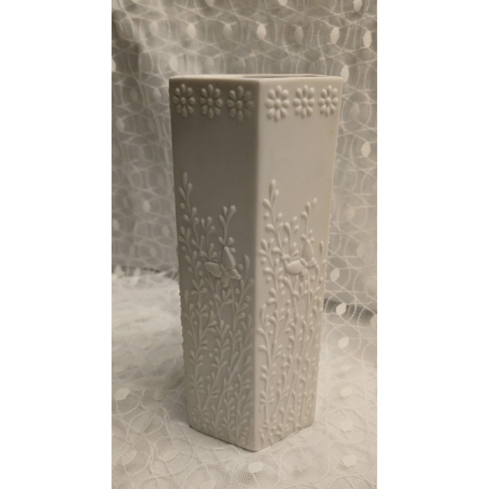 Vintage Shafford Japan Bisque Porcelain Vase Embossed Butterflies Flowers 1979
